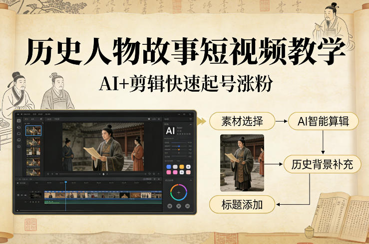 历史人物故事短视频教学，AI+剪辑制作历史人物题材短视频，快速起号涨粉-宝藏屋创业网