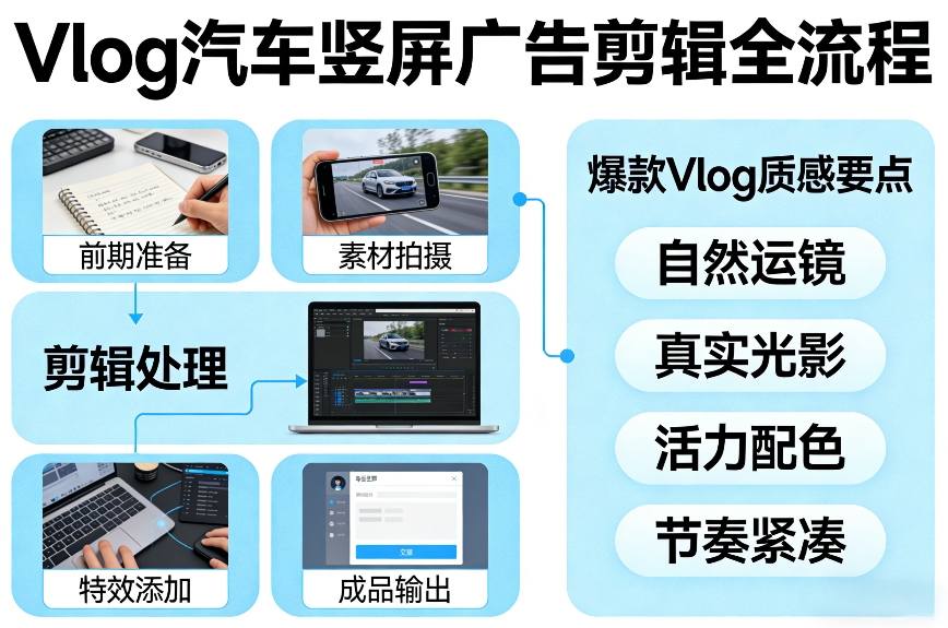 Vlog感觉汽车竖屏广告剪辑脚本全流程，拿捏爆款Vlog质感-宝藏屋创业网