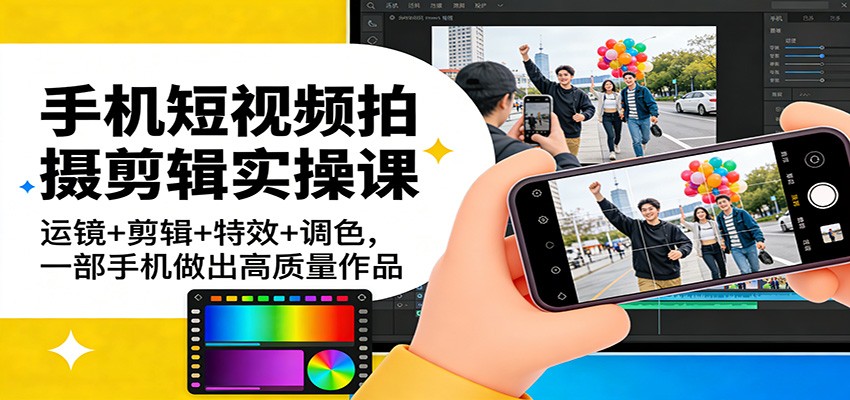 手机短视频拍摄剪辑实操课：运镜+剪辑+特效+调色，一部手机做出高质量作品-宝藏屋创业网