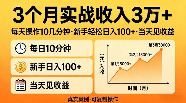 3个月实战收入3W+，每天操作10几分钟，新手轻松日入1张+，当天见收益【揭秘】-宝藏屋创业网