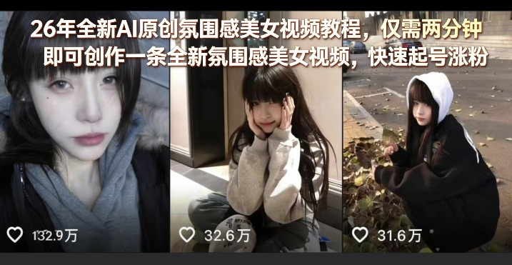 26年全新AI原创氛围感美女视频教程，仅需两分钟即可创作一条全新氛围感美女视频，快速起号涨粉-宝藏屋创业网