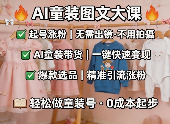 AI童装图文剪辑，某社群童装图文大课，起号涨粉、AI童装带货、爆款选品，无需出镜和拍摄-宝藏屋创业网