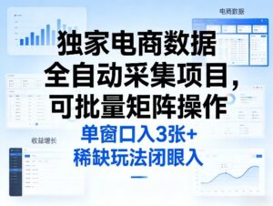 独家电商数据全自动采集项目，可批量矩阵操作，单窗口日入3张+，稀缺玩法闭眼入【揭秘】-宝藏屋创业网