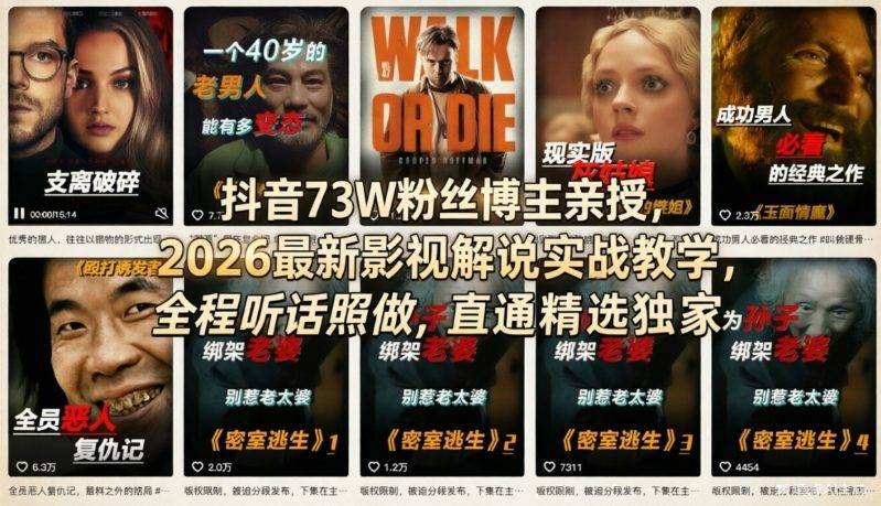 抖音73W粉丝博主亲授，2026最新影视解说实战教学，全程听话照做，直通精选独家-宝藏屋创业网