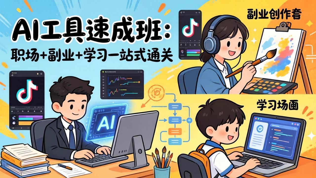 AI工具速成班：职场+副业+学习一站式通关，20+爆款类型+剪映技巧+抖音算法，0基础快速上手-宝藏屋创业网