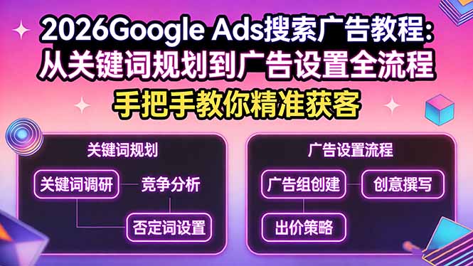 2026Google Ads搜索广告教程：从关键词规划到广告设置全流程，手把手教你精准获客-宝藏屋创业网