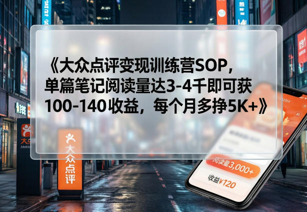 大众点评变现训练营SOP，单篇笔记阅读量达3-4千即可获100-140收益，每个月多挣5K+-宝藏屋创业网