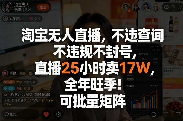 淘宝无人直播，不违规不封号，直播25小时卖17W，全年旺季！可批量矩阵【揭秘】-宝藏屋创业网