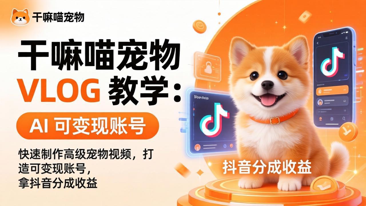 干嘛喵宠物 VLOG 教学：AI 快速制作高级宠物视频，打造可变现账号，拿抖音分成收益-宝藏屋创业网