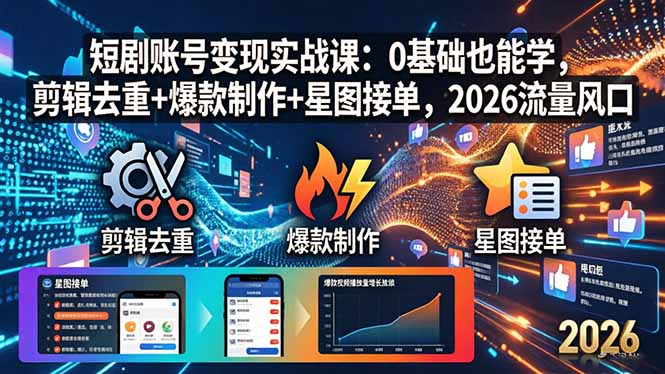 短剧账号变现实战课：0基础也能学，剪辑去重+爆款制作+星图接单，2026流量风口-宝藏屋创业网