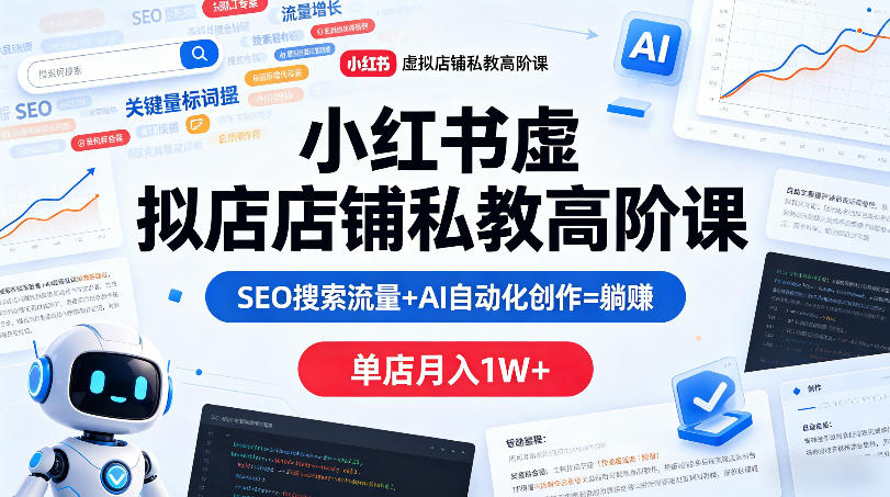 小红书虚拟店铺私教高阶课，SEO搜索流量+AI自动化创作=躺賺，单店月入1W+-宝藏屋创业网