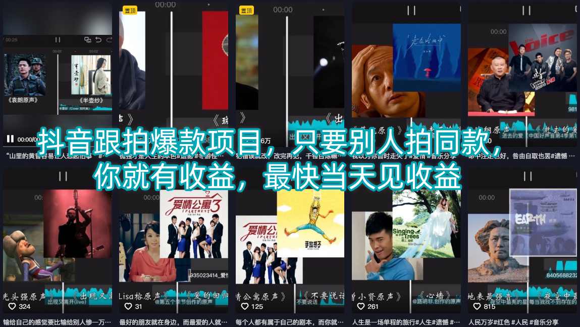 抖音跟拍爆款项目，只要别人拍同款，你就有收益，最快当天见收益-宝藏屋创业网