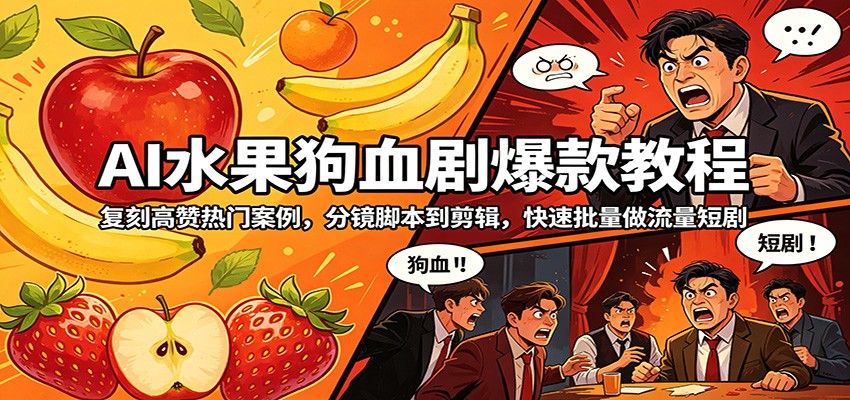 AI水果狗血剧爆款教程：复刻高赞热门案例，分镜脚本到剪辑，快速批量做流量短剧-宝藏屋创业网