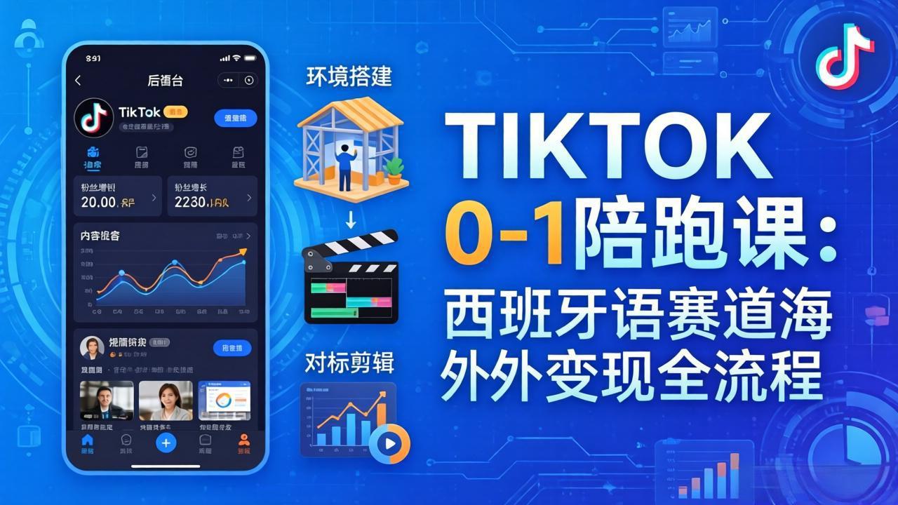 TIKTOK 0-1 陪跑课：从环境搭建到刷对标剪辑，西班牙语赛道海外变现全流程-宝藏屋创业网