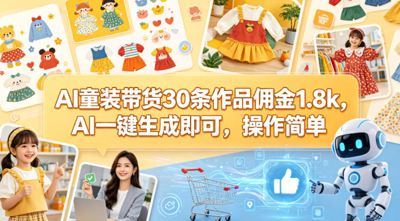 AI童装带货30条作品佣金1.8k，AI一键生成即可，操作简单-宝藏屋创业网