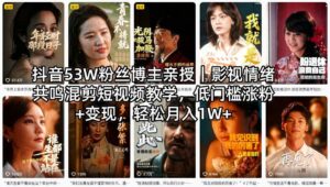 抖音53W粉丝博主亲授｜影视情绪共鸣混剪短视频教学，低门槛涨粉+变现，轻松月入1W+-宝藏屋创业网