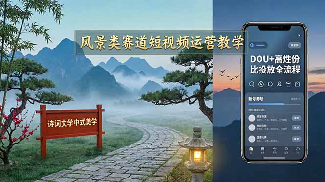 风景类赛道短视频运营教学：诗词文学中式美学，新号养号对标账号定位，DOU+高性价比投放全流程-宝藏屋创业网