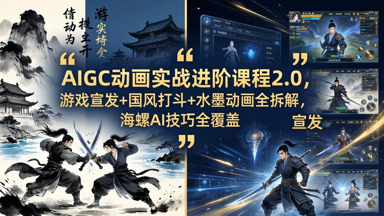 AIGC动画实战进阶课程2.0，游戏宣发+国风打斗+水墨动画全拆解，海螺AI技巧全覆盖-宝藏屋创业网