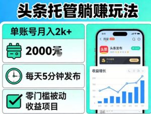 头条托管躺賺玩法，单账号月入2k+，每天5分钟发布即可，零门槛被动收益项目【揭秘】-宝藏屋创业网