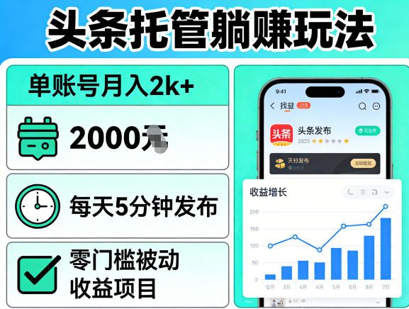 头条托管躺賺玩法，单账号月入2k+，每天5分钟发布即可，零门槛被动收益项目【揭秘】-宝藏屋创业网