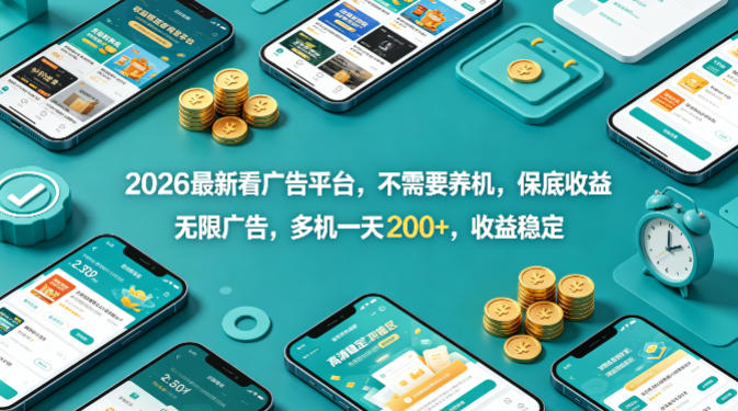 2026最新看广告平台，不需要养机，保底收益，无限广告，多机一天200+，收益稳定【揭秘】-宝藏屋创业网