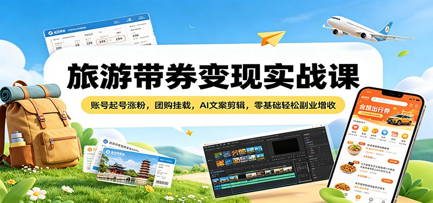 旅游带券变现实战课：账号起号涨粉，团购挂载，AI文案剪辑，零基础轻松副业增收-宝藏屋创业网