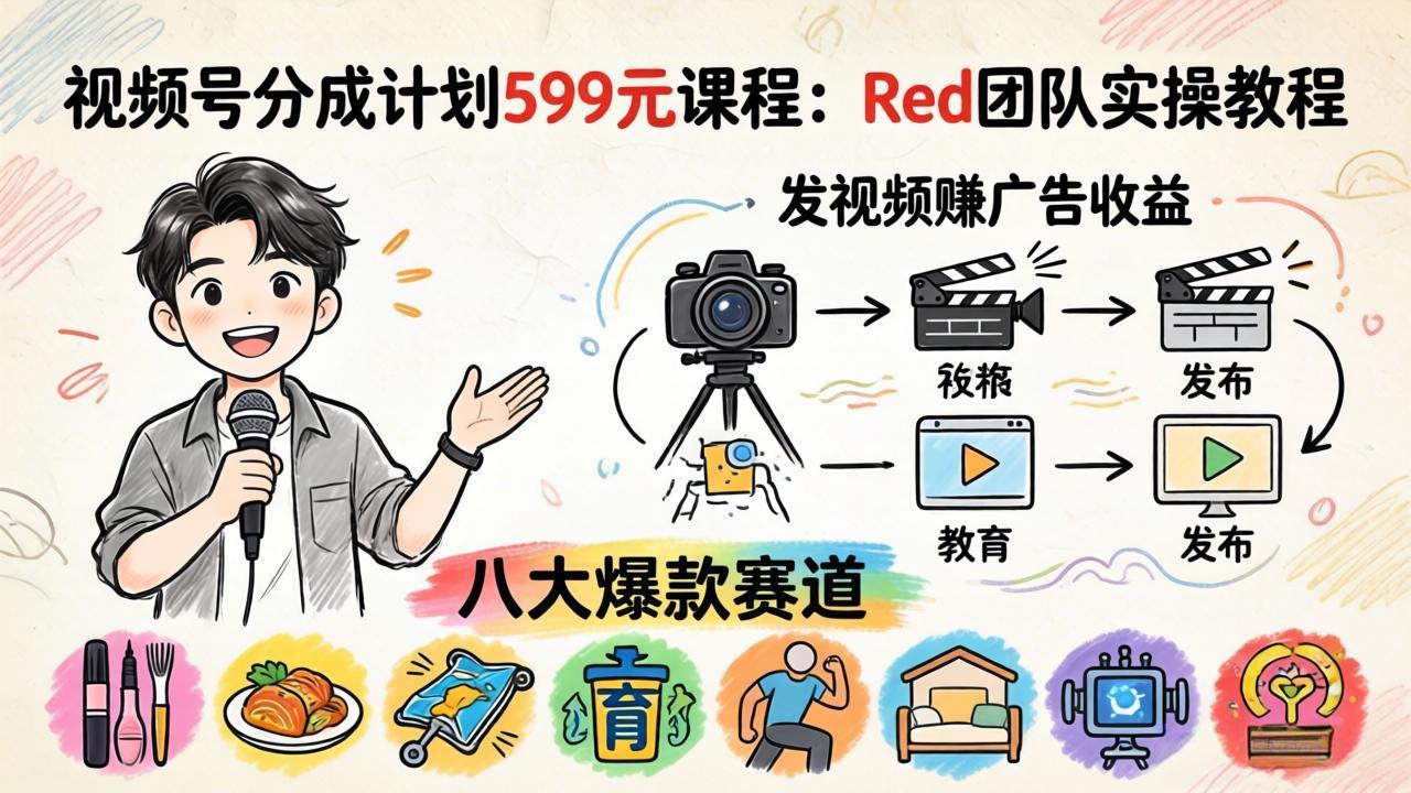 视频号分成计划599元课程：Red团队实操教程，发视频赚广告收益，八大爆款赛道全掌握-宝藏屋创业网
