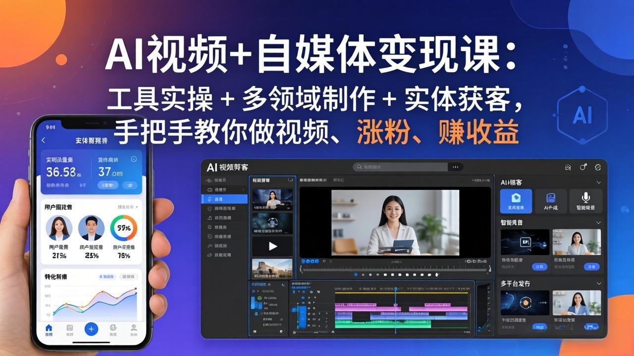 AI视频+自媒体变现课：工具实操 + 多领域制作 + 实体获客，手把手教你做视频、涨粉、赚收益-宝藏屋创业网