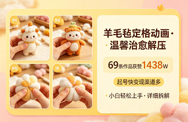 羊毛毡定格动画，温馨治愈解压，69条作品获赞1438W，起号快变现渠道多，小白轻松上手，详细拆解-宝藏屋创业网