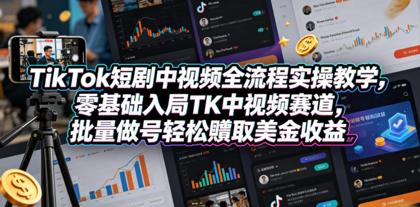 TikTok短剧中视频全流程实操教学，零基础入局TK中视频赛道，批量做号轻松賺取美金收益-宝藏屋创业网