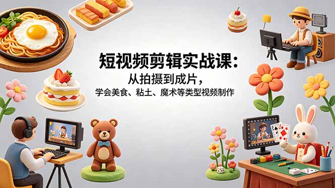 短视频剪辑实战课：从拍摄到成片，学会美食、粘土、魔术等类型视频制作-宝藏屋创业网