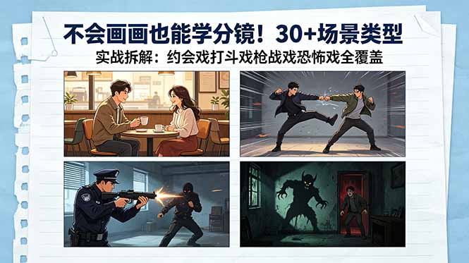 不会画画也能学分镜！30+场景类型实战拆解：约会戏打斗戏枪战戏恐怖戏全覆盖-宝藏屋创业网