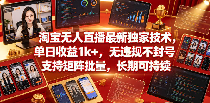 淘宝无人直播最新独家技术，单日收益1k+，无违规不封号，支持矩阵批量，长期可持续【揭秘】-宝藏屋创业网