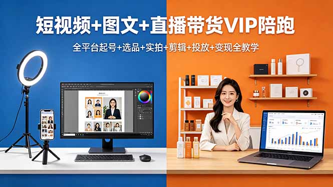 短视频+图文+直播带货VIP陪跑，全平台起号+选品+实拍+剪辑+投放+变现全教学-宝藏屋创业网