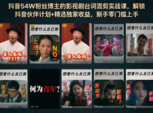抖音54W粉丝博主的影视剧台词混剪实战课,解锁抖音伙伴计划+精选独家收益,新手零门槛上手-宝藏屋创业网