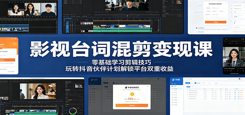 影视台词混剪变现课：零基础学习剪辑技巧，玩转抖音伙伴计划解锁平台双重收益-宝藏屋创业网