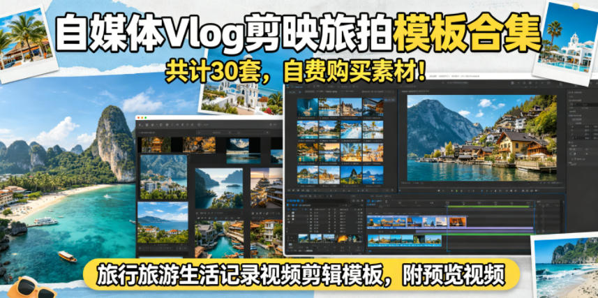 自媒体Vlog剪映旅拍模板合集，共计30套，自费购买素材！旅行旅游生活记录视频剪辑模板，附预览视频-宝藏屋创业网
