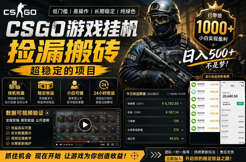 CSGO游戏搬砖，全自动挂G，不需要玩游戏，手机操作日入300+，解放双手【揭秘】-宝藏屋创业网