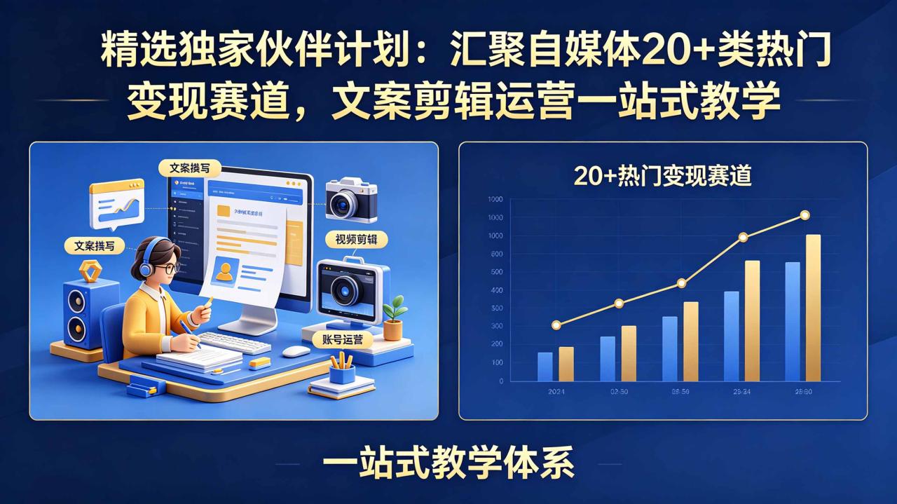 精选独家伙伴计划：汇聚自媒体20+类热门变现赛道，文案剪辑运营一站式教学-宝藏屋创业网