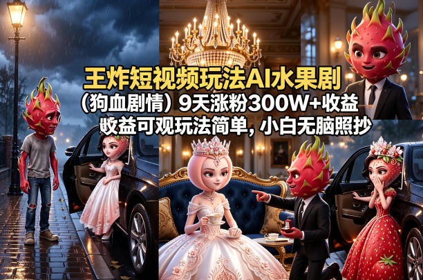 王炸短视频玩法AI水果剧（狗血剧情）9天涨粉300W+收益可观玩法简单，小白无脑照抄，详细拆解玩法-宝藏屋创业网
