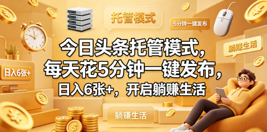 今日头条托管模式，每天花5分钟一键发布，日入6张+，开启躺賺生活【揭秘】-宝藏屋创业网