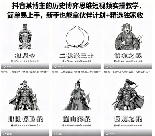 抖音某博主的历史博弈思维短视频实操教学，简单易上手，新手也能拿伙伴计划+精选独家收益-宝藏屋创业网