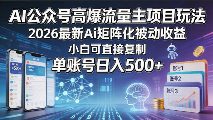 AI公众号高爆流量主项目玩法，2026最新Ai矩阵化被动收益，小白可直接复制，单账号日入500+-宝藏屋创业网