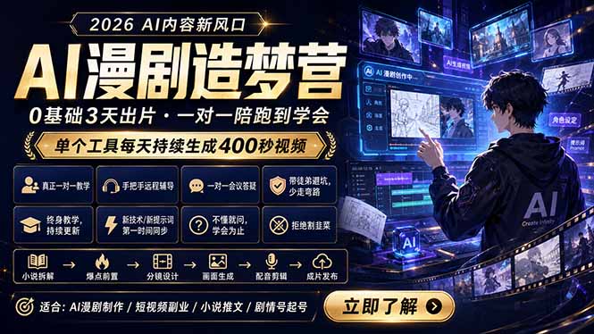 AI漫剧造梦营：0基础3天出片，单个工具每天持续生成400秒视频-宝藏屋创业网