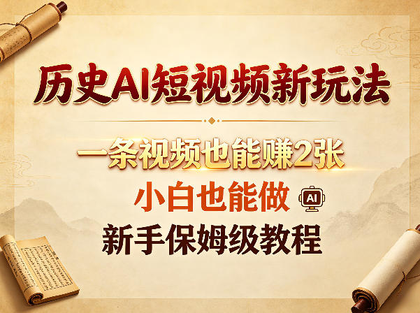 历史AI短视频新玩法，一条视频也能賺2张，小白也能做，新手保姆级教程-宝藏屋创业网