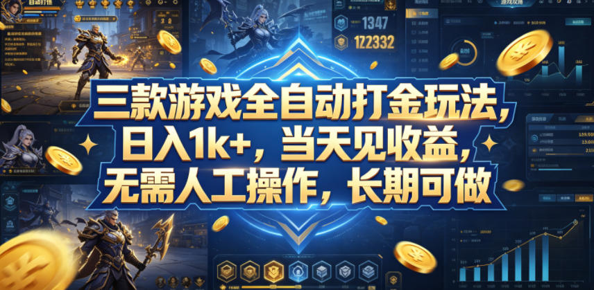 三款游戏全自动打金玩法，日入1k+，当天见收益，无需人工操作，长期可做【揭秘】-宝藏屋创业网