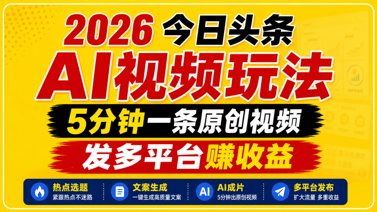2026今日头条AI视频玩法，5分钟一条原创视频，发多平台赚收益-宝藏屋创业网