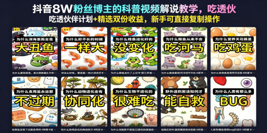 抖音8W粉丝博主的科普视频解说教学，吃透伙伴计划+精选双份收益，新手可直接复制操作-宝藏屋创业网