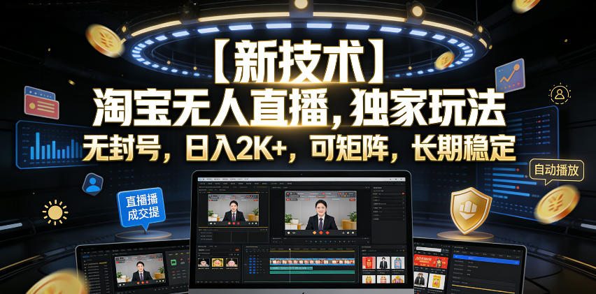 【新技术】淘宝无人直播，独家玩法，无封号，日入2K+，可矩阵，长期稳定【揭秘】-宝藏屋创业网
