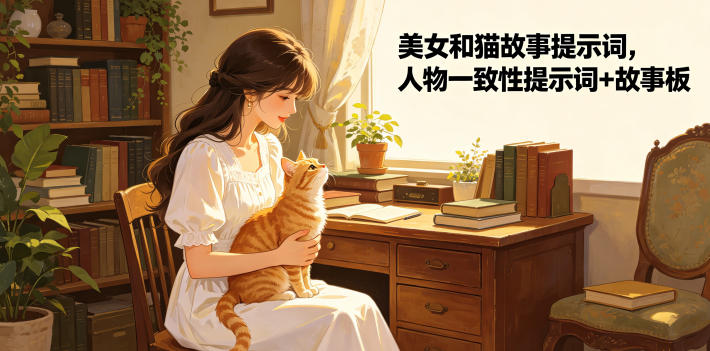 美女和猫故事提示词，人物一致性提示词+故事板-宝藏屋创业网